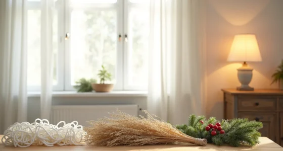 Three types of garland materials arranged in rows on wood: paper chains, dried botanicals with twine, and faux pine with