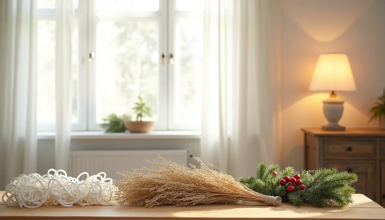 Three types of garland materials arranged in rows on wood: paper chains, dried botanicals with twine, and faux pine with
