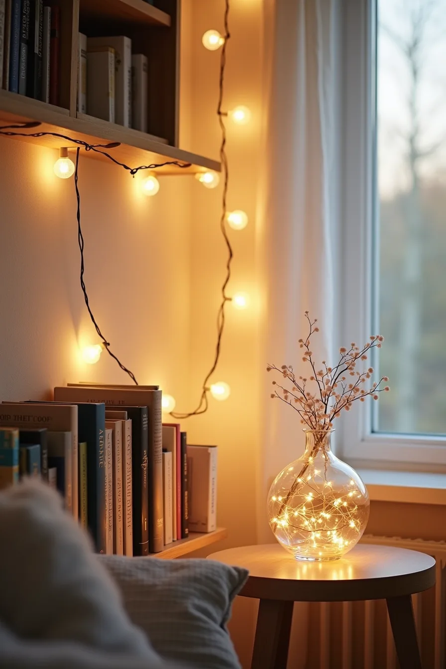 Living room corner with LED string lights on picture rail, incandescent bulbs on bookshelf, and fairy lights in a glass vase.