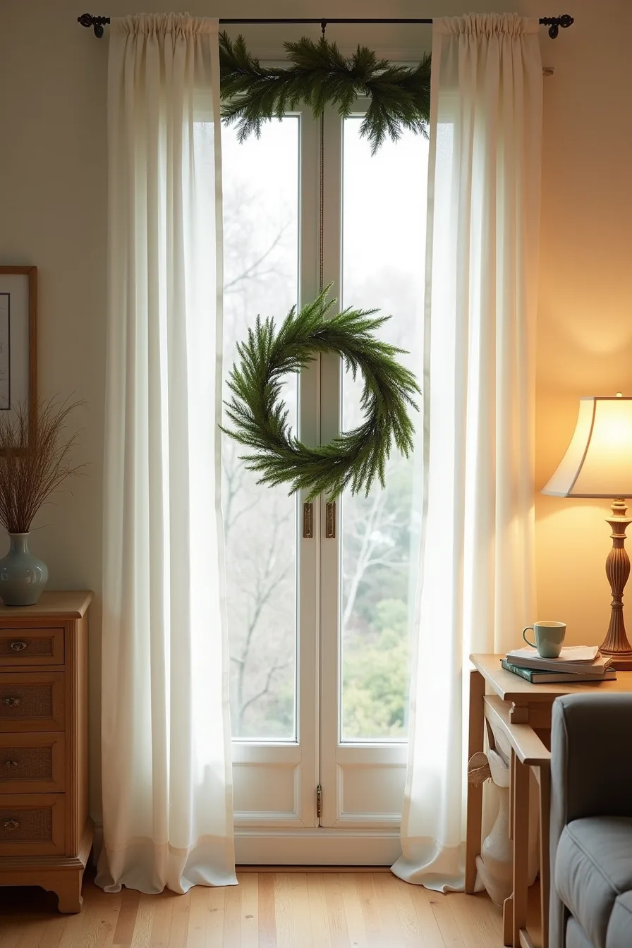 Window and door frame decorated with a suction-cup wreath, magnetic garland strip, and draped tension rod swag.