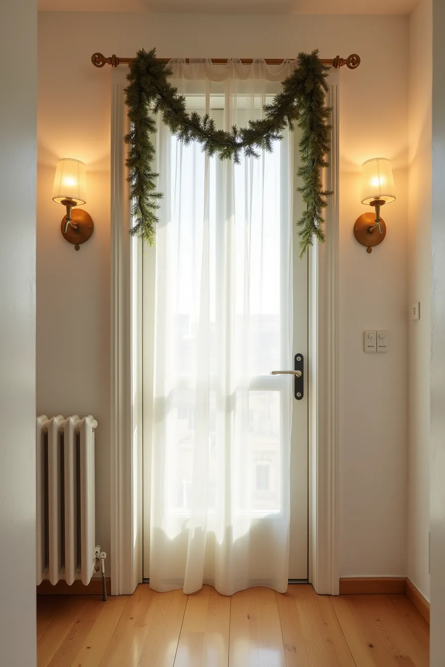 Apartment door decorated with a loose horizontal garland and two symmetrical side swags hung with removable hooks.