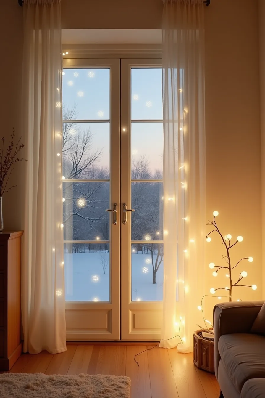 Glass door at dusk with battery-operated string lights and projected snowflakes on the door and wall.