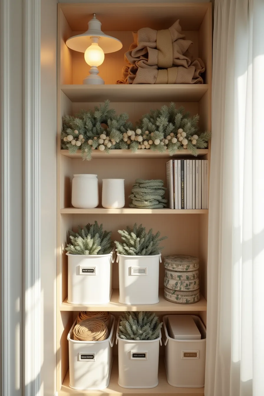 Closet shelf with organized labeled bins holding rolled garlands, tissue-wrapped wreaths, ribbon spools, and battery packs.