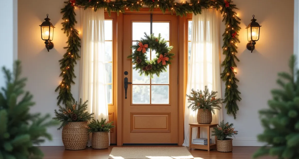 Front door adorned with mixed garlands, centered wreaths, corner ribbon bows, warm string lights, and evergreen branches.