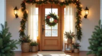 Front door adorned with mixed garlands, centered wreaths, corner ribbon bows, warm string lights, and evergreen branches.
