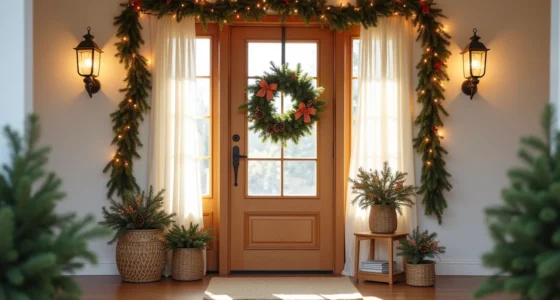 Front door adorned with mixed garlands, centered wreaths, corner ribbon bows, warm string lights, and evergreen branches.