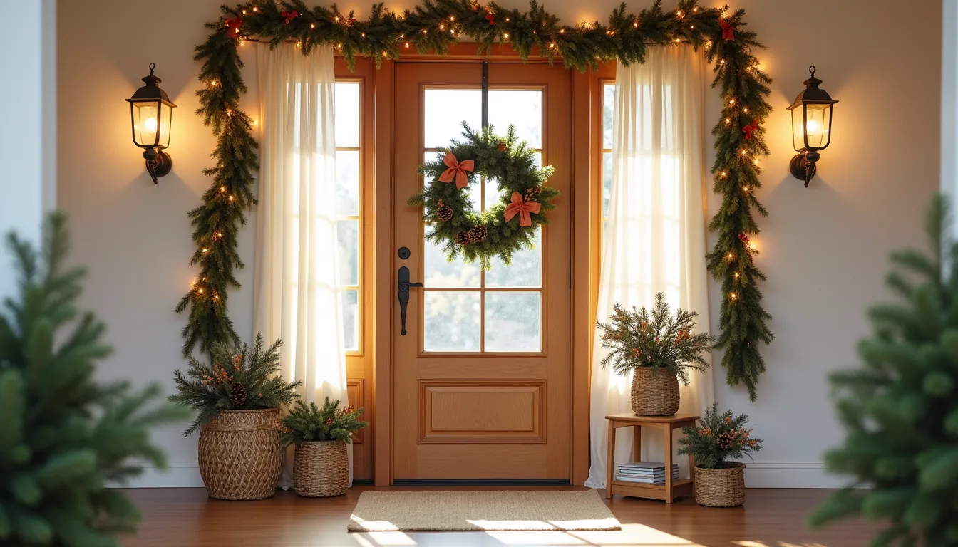 Front door adorned with mixed garlands, centered wreaths, corner ribbon bows, warm string lights, and evergreen branches.