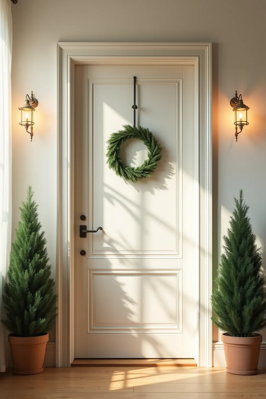 Door entrance with deep green painted trim, flanking potted evergreen topiaries, and wreath above a clear center walkway.
