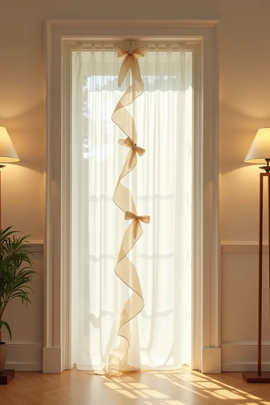 Narrow door decorated with diagonal spiral ribbon, three layered bows, and ribbon woven through the frame trim.