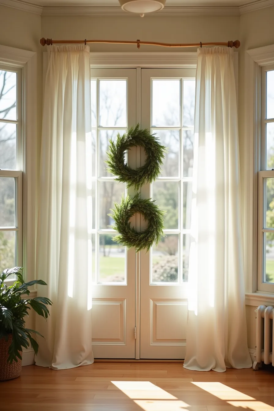 Wide door featuring two offset stacked wreaths with a smaller overlapping wreath, secured with adhesive strips.