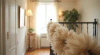 Cream garland wraps around a dark metal stair railing in an entryway lit by natural side window light.
