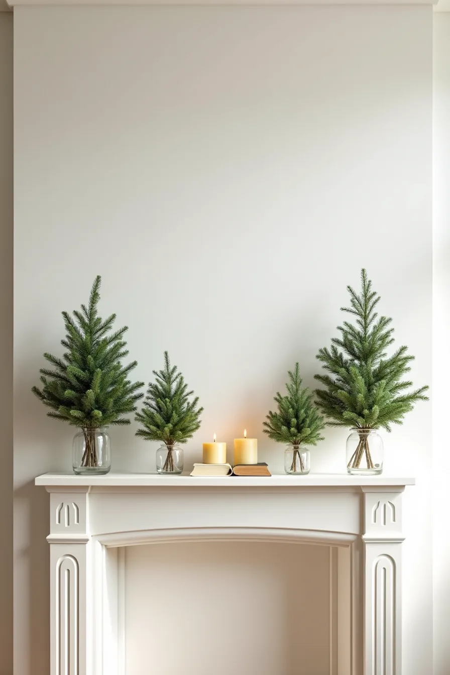 Five clear glass vases with evergreen branches and cream pillar candles arranged across a mantelpiece against a white wall.