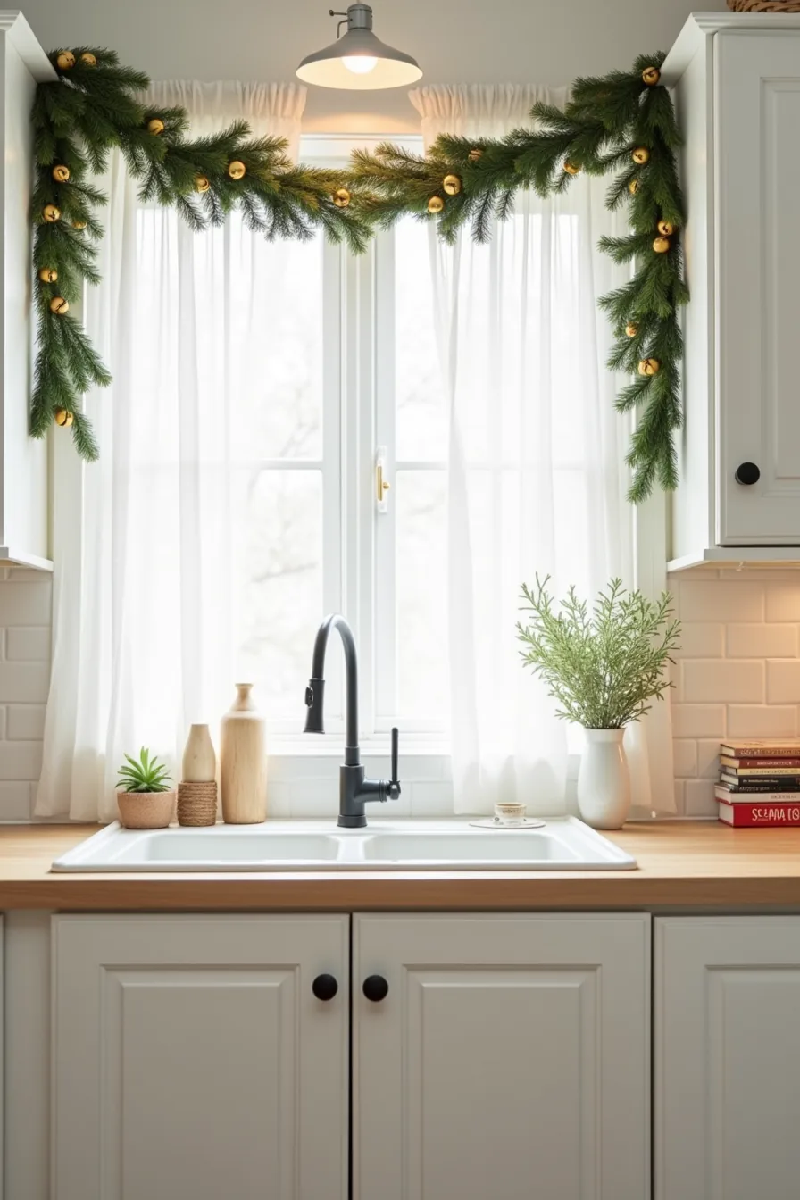 White kitchen cabinets display a looped fir garland trimmed with gold bells and secured with adhesive hooks, with a window