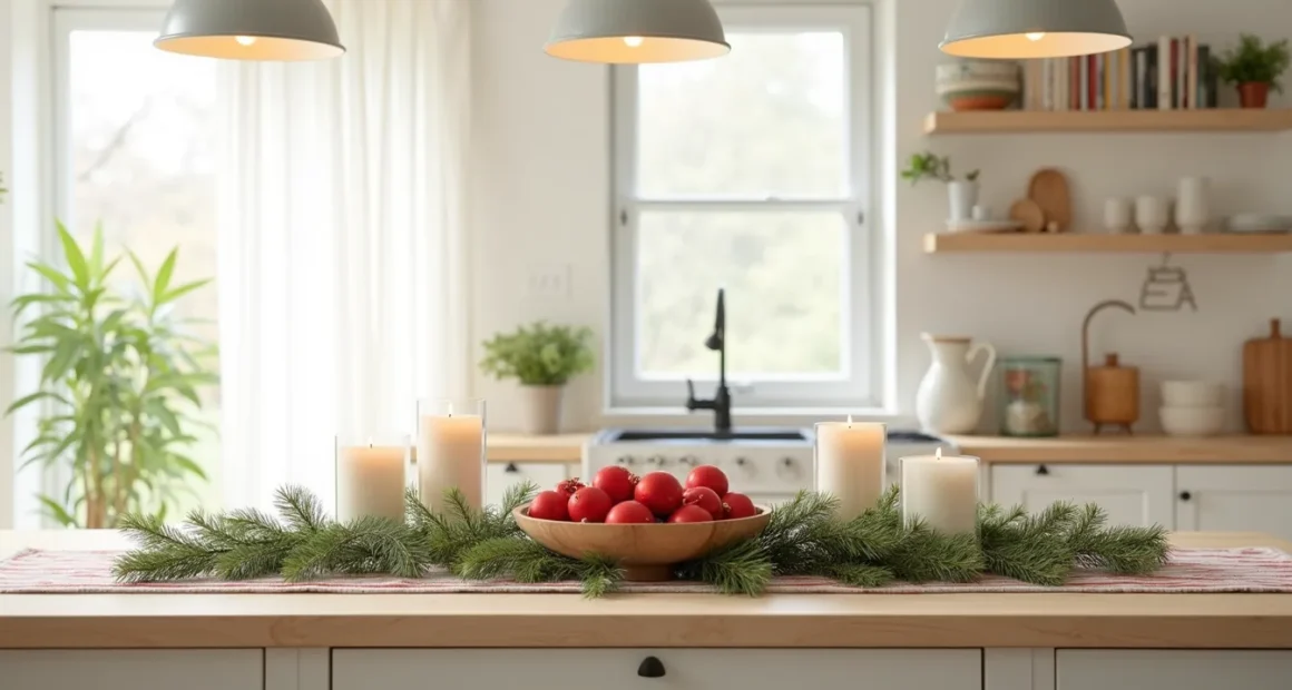 A kitchen island features draped evergreen garland, red ornaments in a wooden bowl, pillar candles, and a striped linen