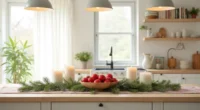A kitchen island features draped evergreen garland, red ornaments in a wooden bowl, pillar candles, and a striped linen
