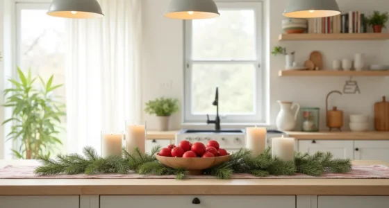 A kitchen island features draped evergreen garland, red ornaments in a wooden bowl, pillar candles, and a striped linen