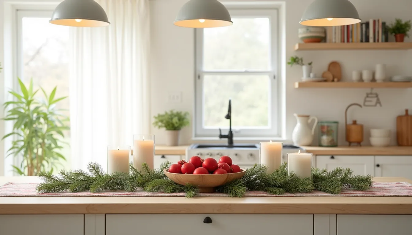 A kitchen island features draped evergreen garland, red ornaments in a wooden bowl, pillar candles, and a striped linen