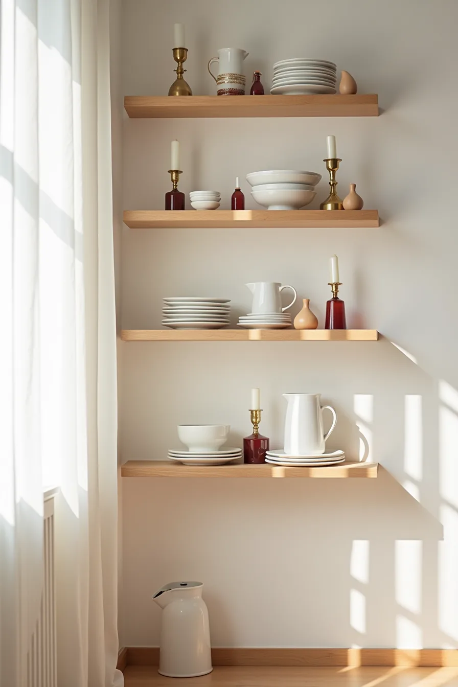 Open wooden shelves hold stacked white plates, burgundy and cream glass ornaments, tapered candles in brass holders, and a