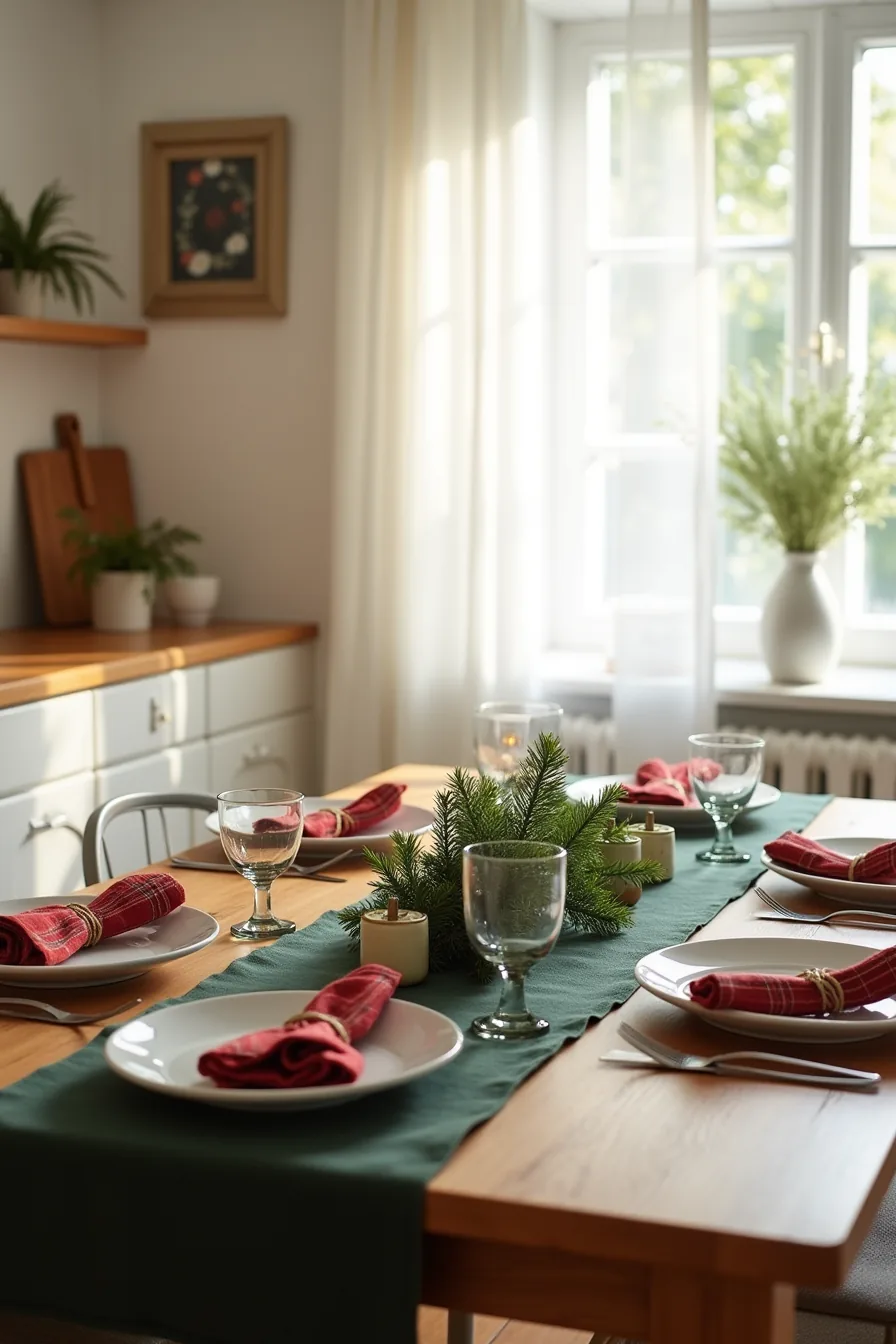 A kitchen table features a dark green runner, red plaid napkins tied with twine, white plates, and evergreen sprigs at each