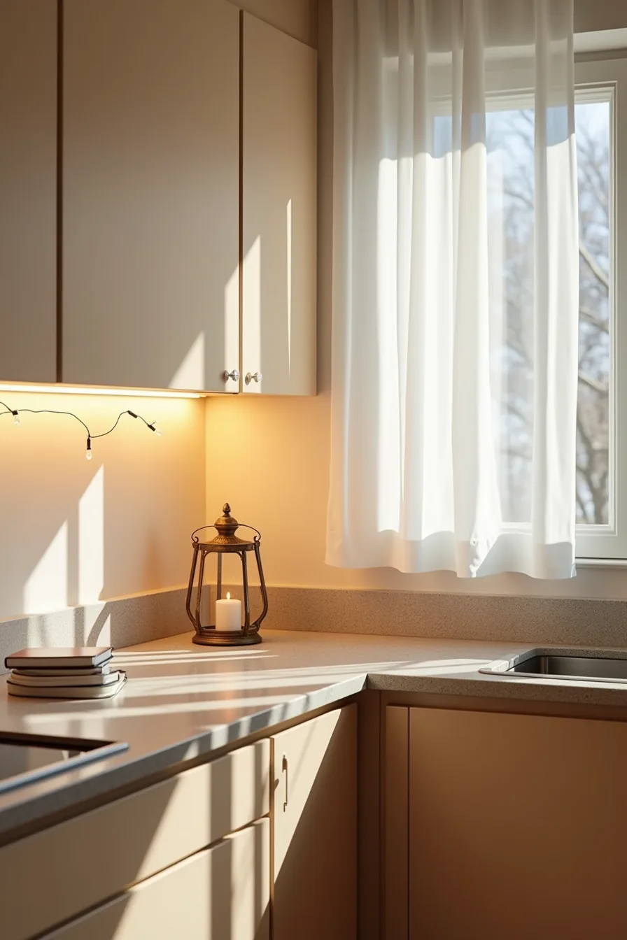Warm LED strip lights beneath kitchen cabinets illuminate a granite countertop, with string lights draped above and a brass