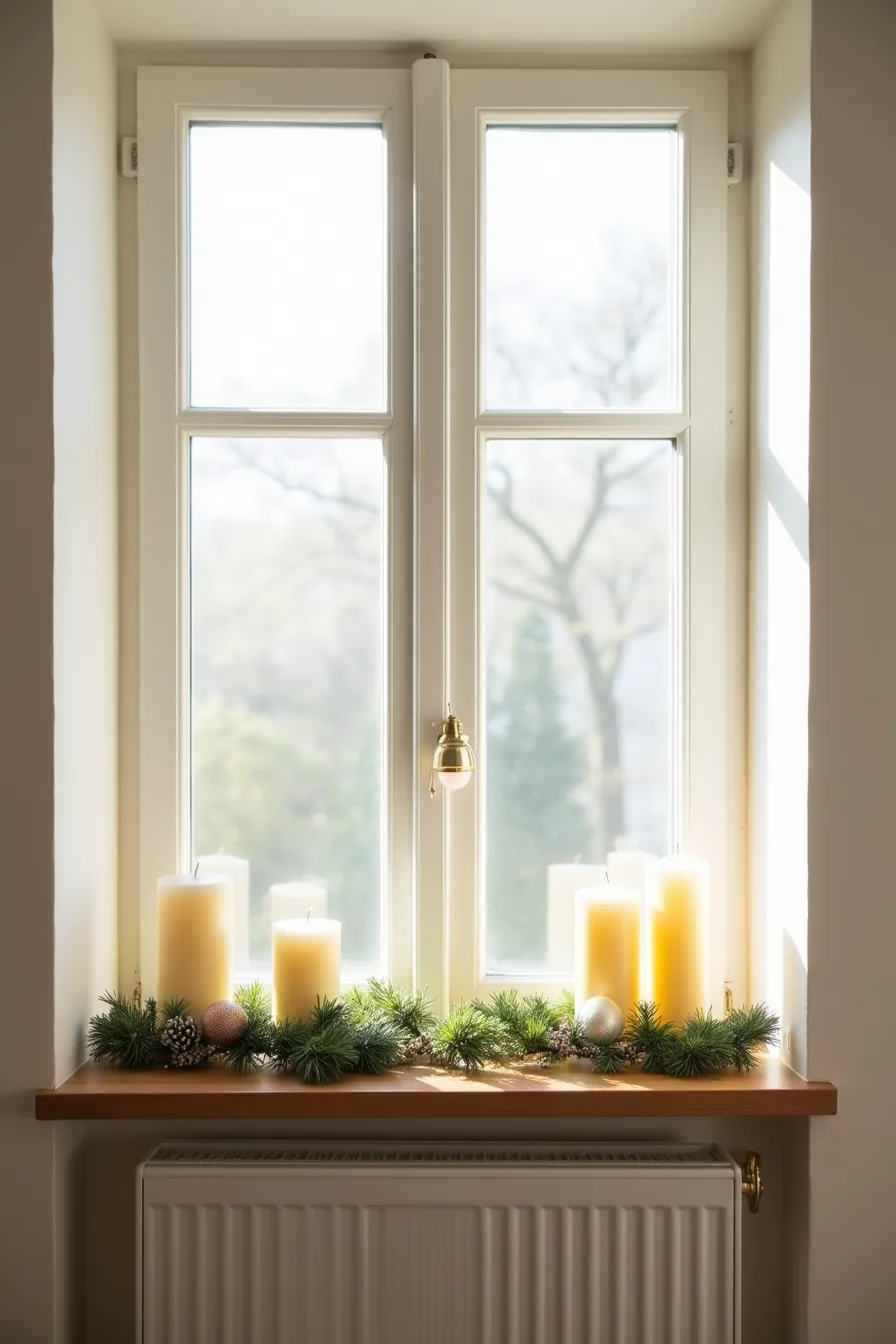 A kitchen window sill features a garland swag, three cream pillar candles, and a frosted glass ornament with natural light