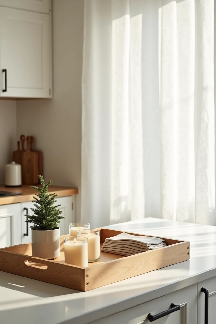 A wooden tray on a kitchen counter displays a potted evergreen, votive candles in glass holders, and folded linen napkins.
