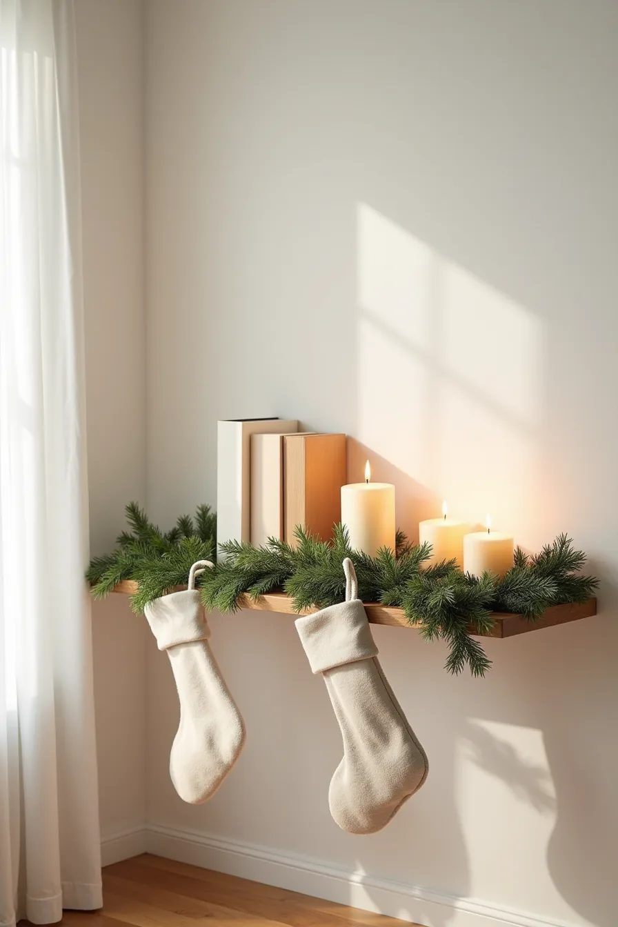 Floating shelf decorated with garland, battery candles, hanging stockings, and greenery arranged in layered composition.
