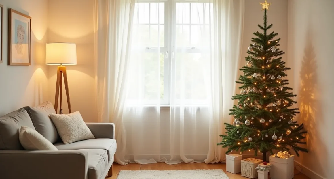 Narrow pre-lit Christmas tree decorated with small ornaments and star topper stands in corner between floor lamp and window.