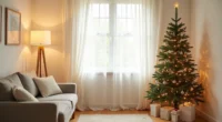 Narrow pre-lit Christmas tree decorated with small ornaments and star topper stands in corner between floor lamp and window.