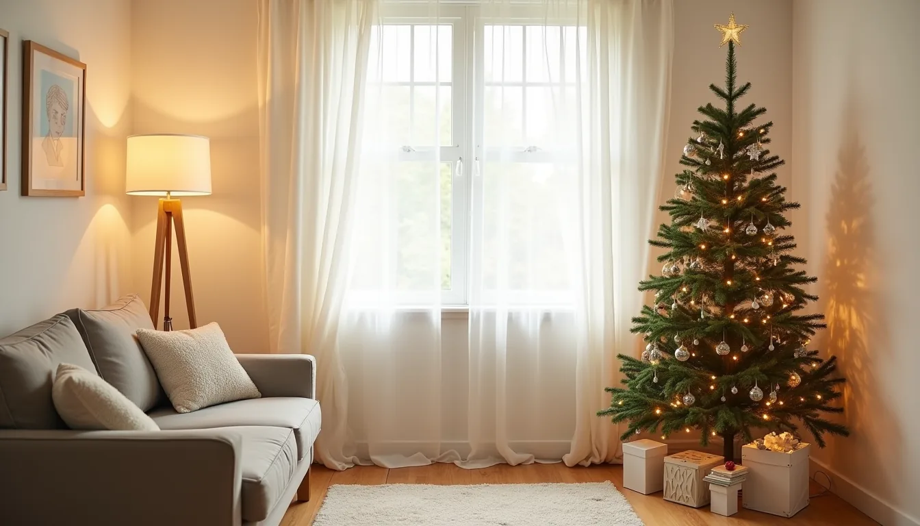 Narrow pre-lit Christmas tree decorated with small ornaments and star topper stands in corner between floor lamp and window.