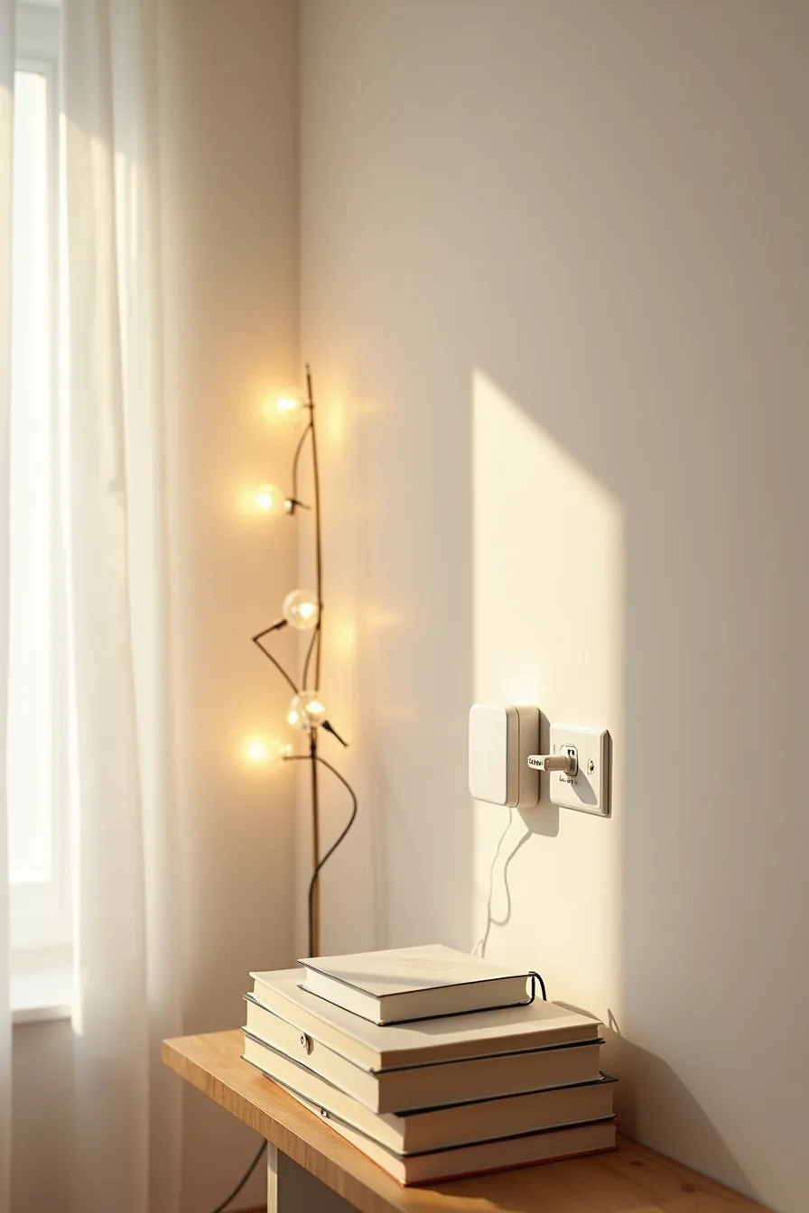 Multiple LED string light sets connected to power strip with timer device at wall outlet for apartment holiday lighting.