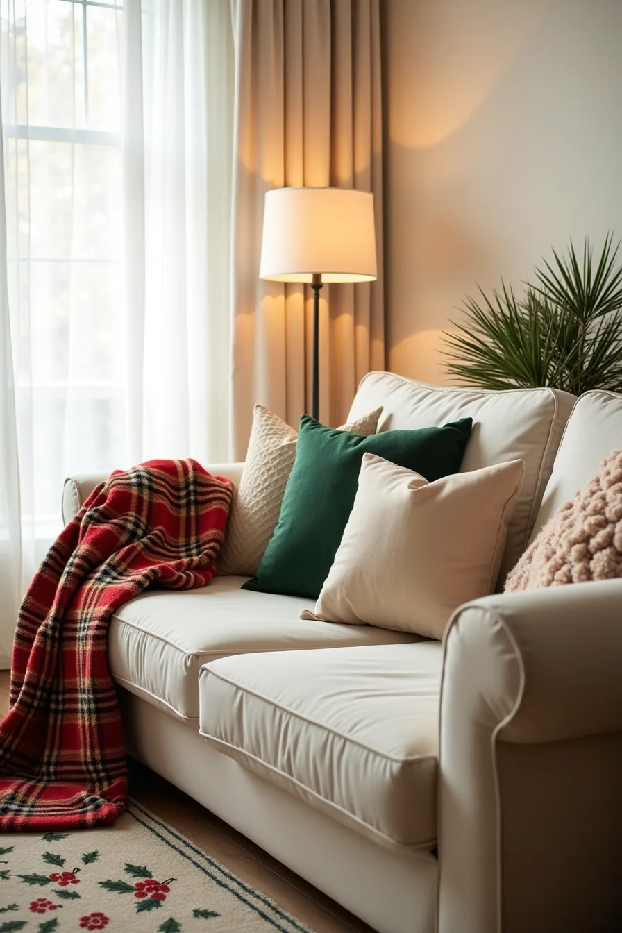 Sofa styled with plaid throw, festive pillows in green and cream, plush blanket, and holly-pattern area rug.