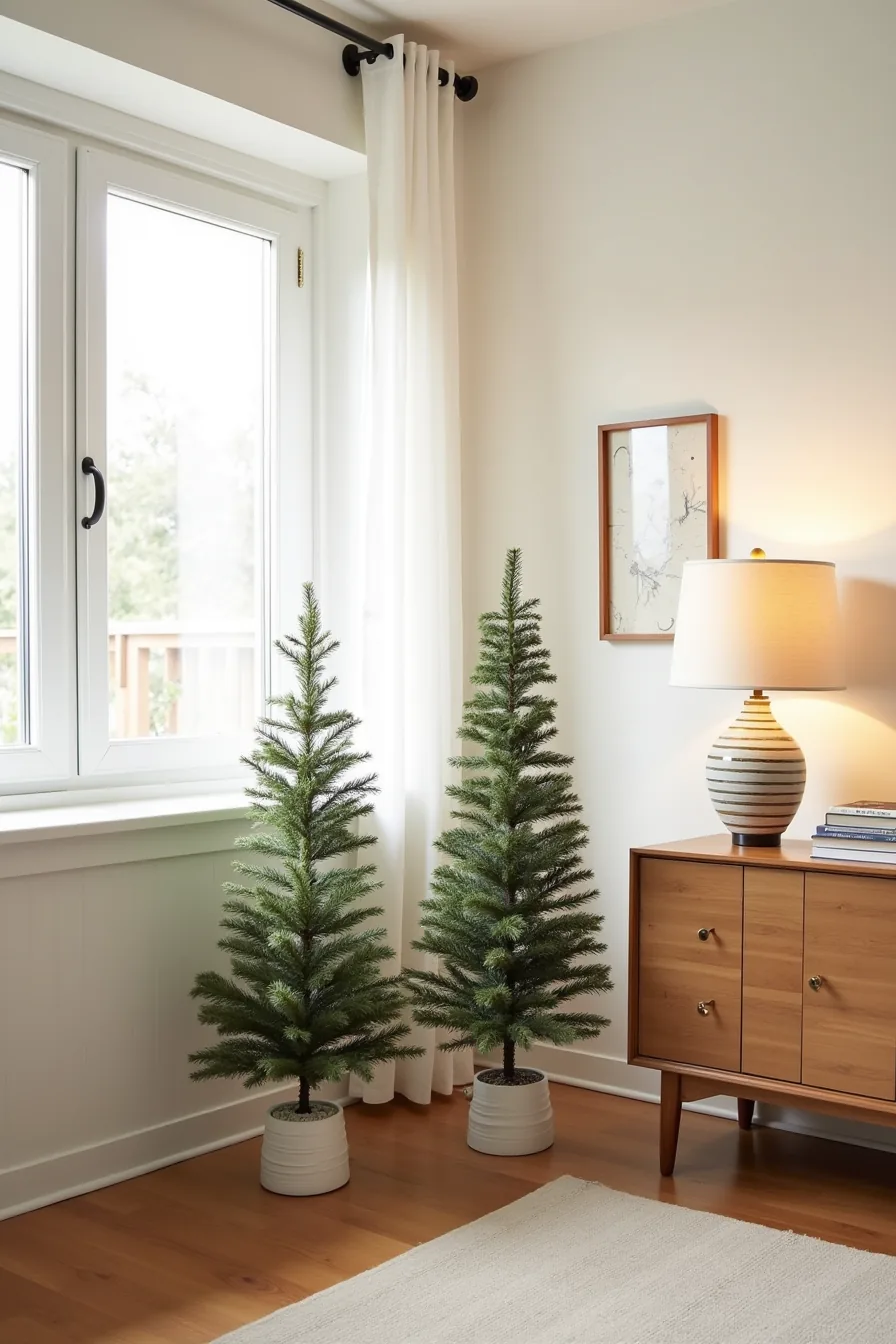 Three different narrow Christmas tree styles displayed undecorated to show their frame structures and silhouettes.