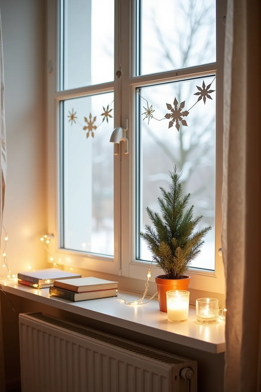 Window ledge decorated with LED lights, paper snowflakes on glass, potted evergreen, and votive holders viewed from outside.