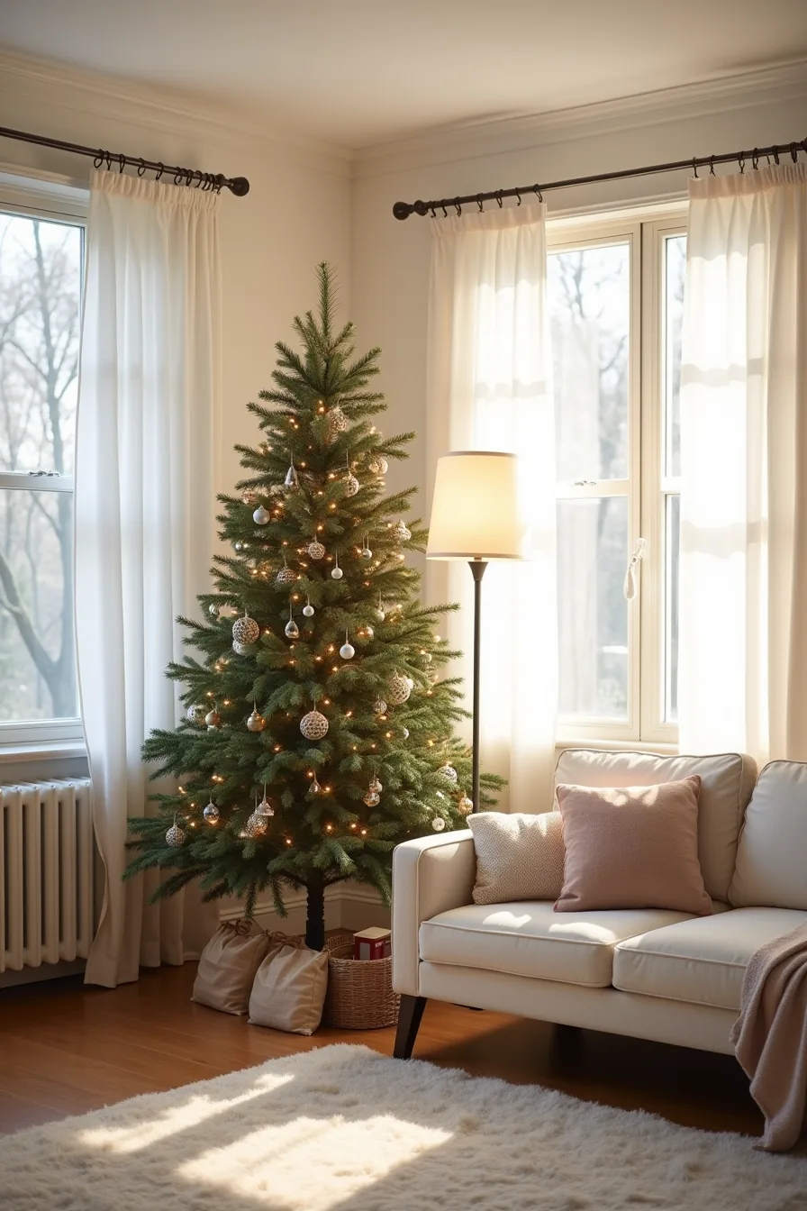 Christmas tree positioned in a living room corner between sofa and window with visible furniture arrangement and clear floor