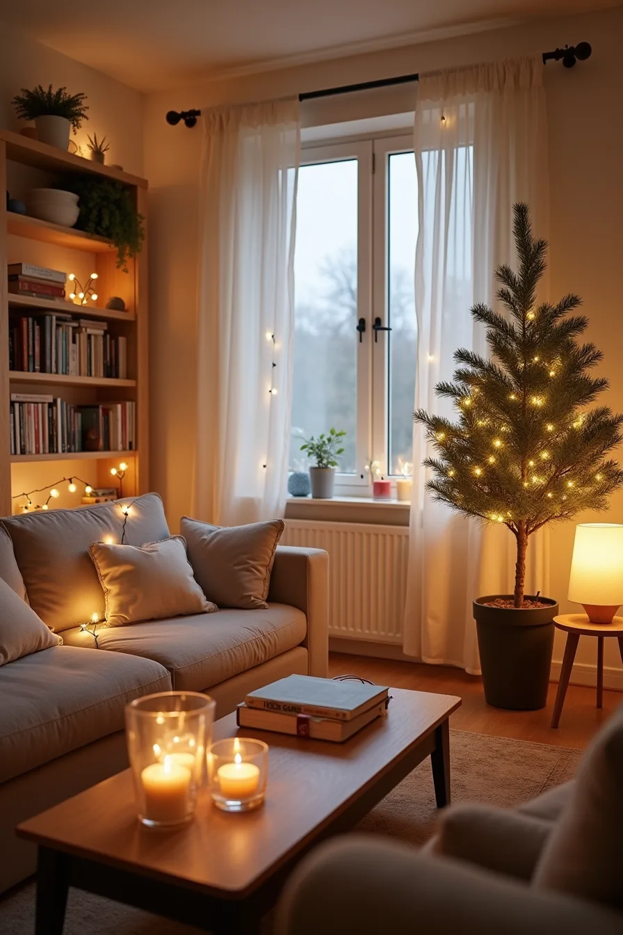 Dusk-lit living room with layered lighting from LED string lights, candles in glass holders, fairy lights through potted