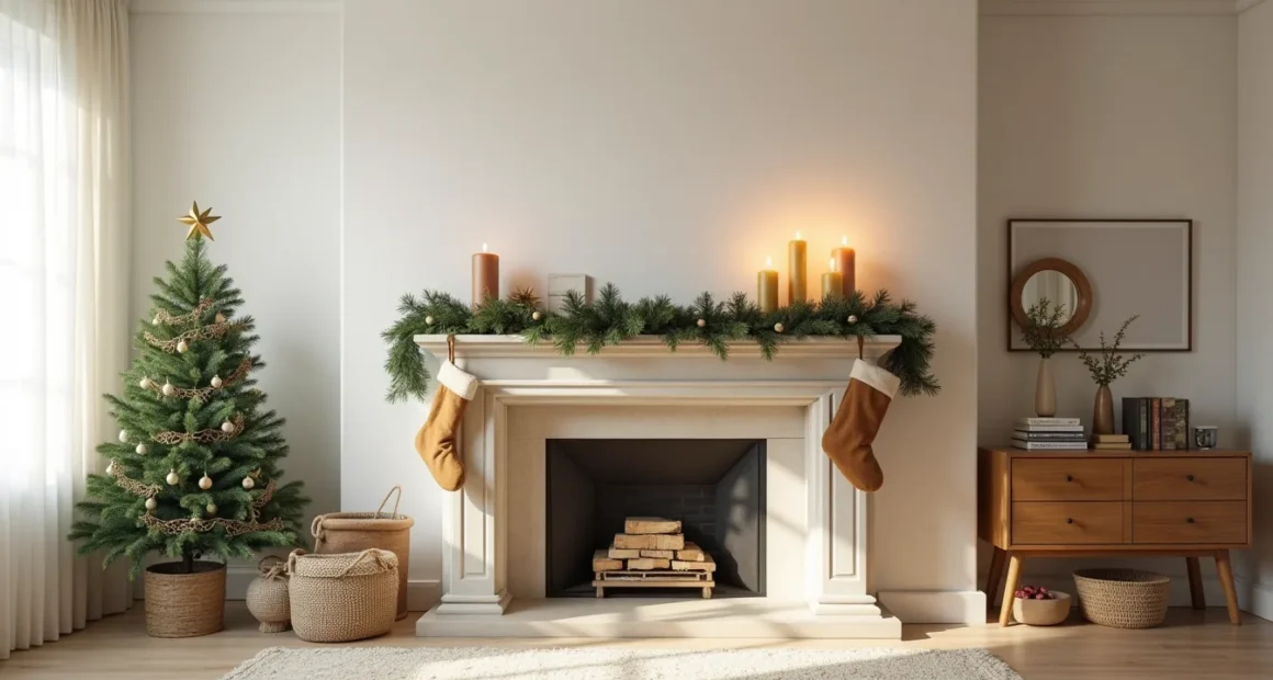 Fireplace mantel decorated with draped garland, hanging stockings, varying height pillar candles, greenery, and a Christmas