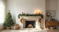 Fireplace mantel decorated with draped garland, hanging stockings, varying height pillar candles, greenery, and a Christmas