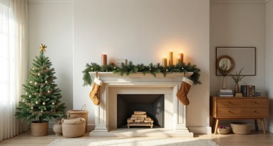 Fireplace mantel decorated with draped garland, hanging stockings, varying height pillar candles, greenery, and a Christmas