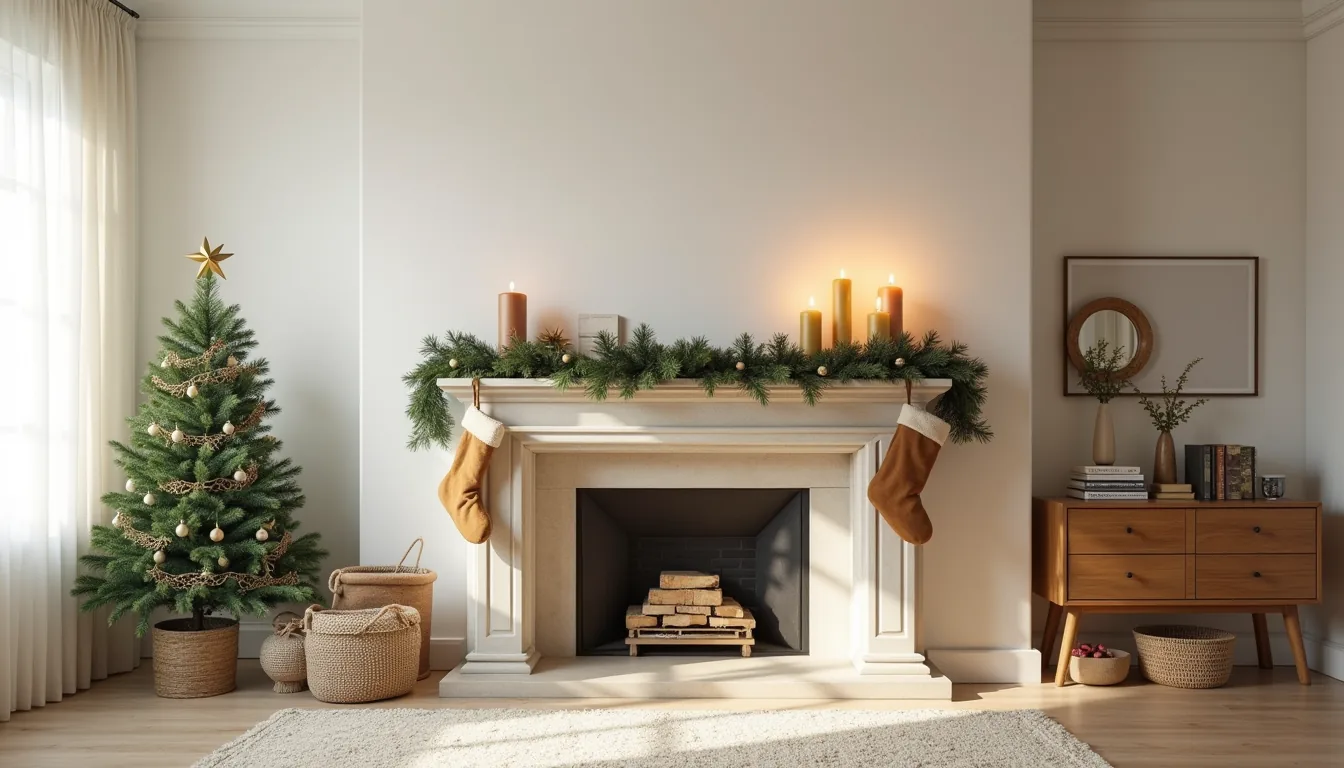 Fireplace mantel decorated with draped garland, hanging stockings, varying height pillar candles, greenery, and a Christmas