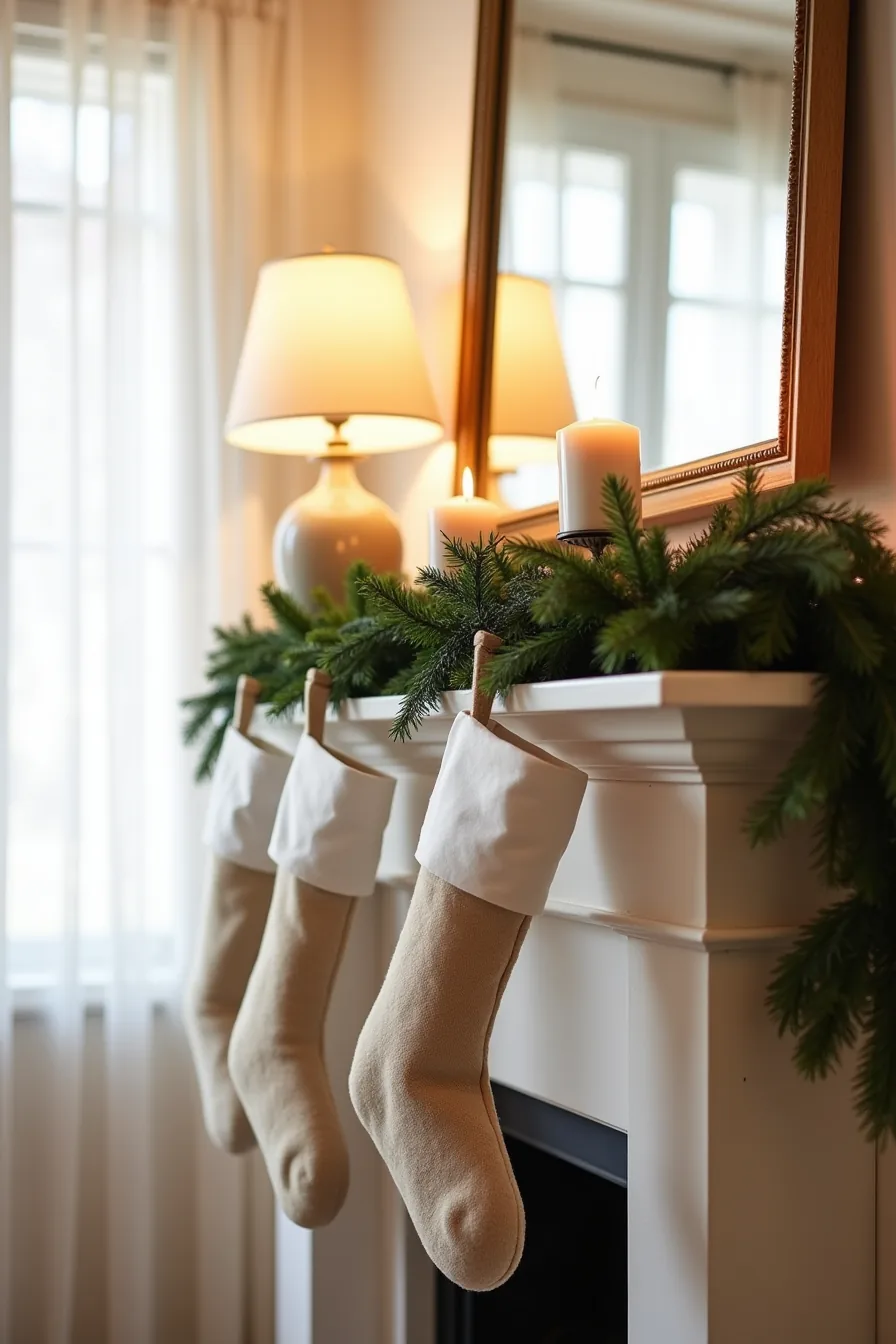 Close-up of a layered mantel arrangement featuring garland, clipped stockings, varied candle heights, evergreen sprigs, and