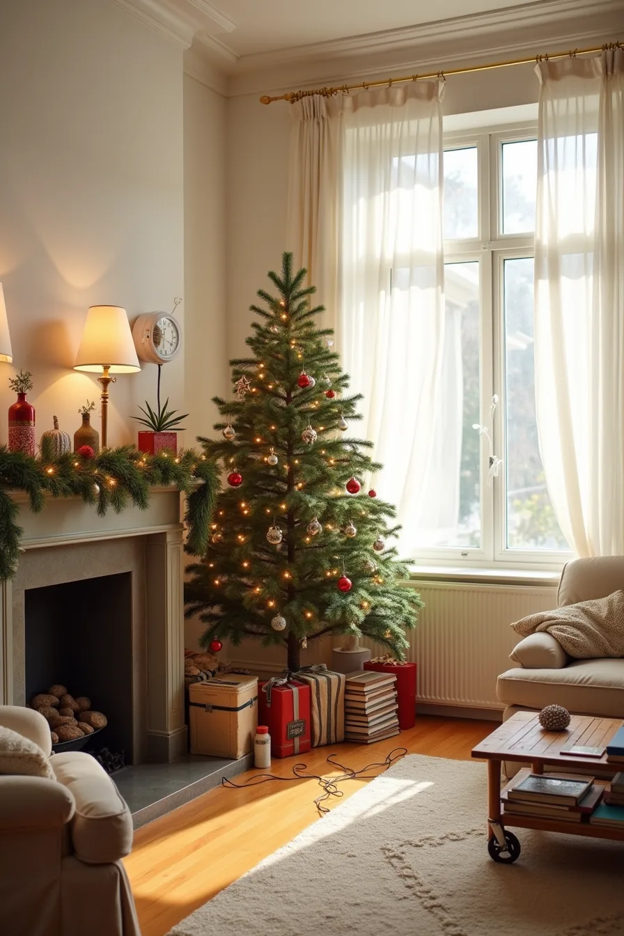 Overhead view of a cluttered living room with an overcrowded mantel, blocked light switch, tree blocking doorway, mismatched