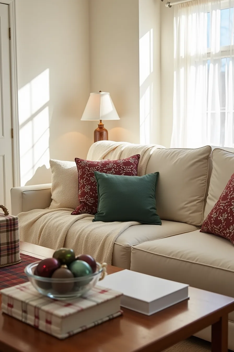Sofa arrangement with cream throw blanket, burgundy and forest green patterned pillows, plaid table runner, blanket basket