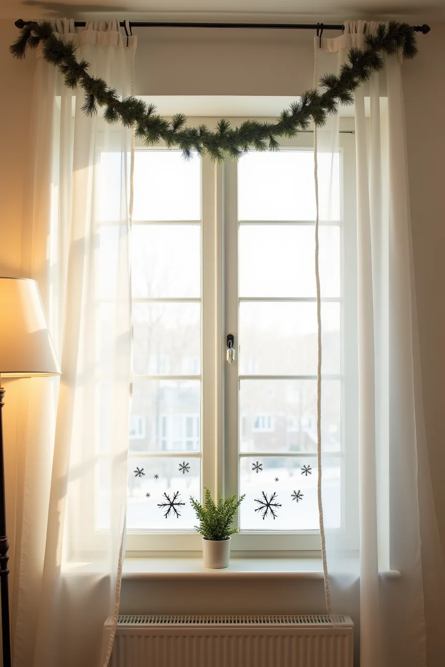 Window decorated with adhesive-mounted garland, snowflake decals on panes, and a tension rod with sheer ribbon below.