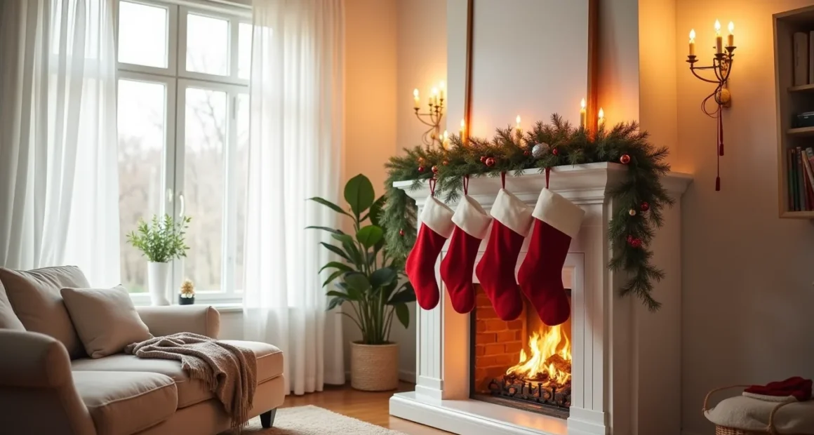 A fireplace mantel decorated with red stockings, garland, and candlesticks, with a sofa in the foreground under warm