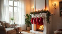 A fireplace mantel decorated with red stockings, garland, and candlesticks, with a sofa in the foreground under warm