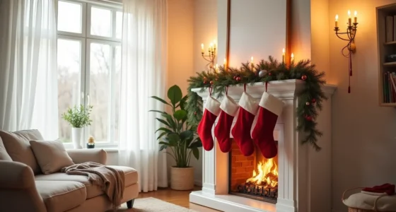 A fireplace mantel decorated with red stockings, garland, and candlesticks, with a sofa in the foreground under warm