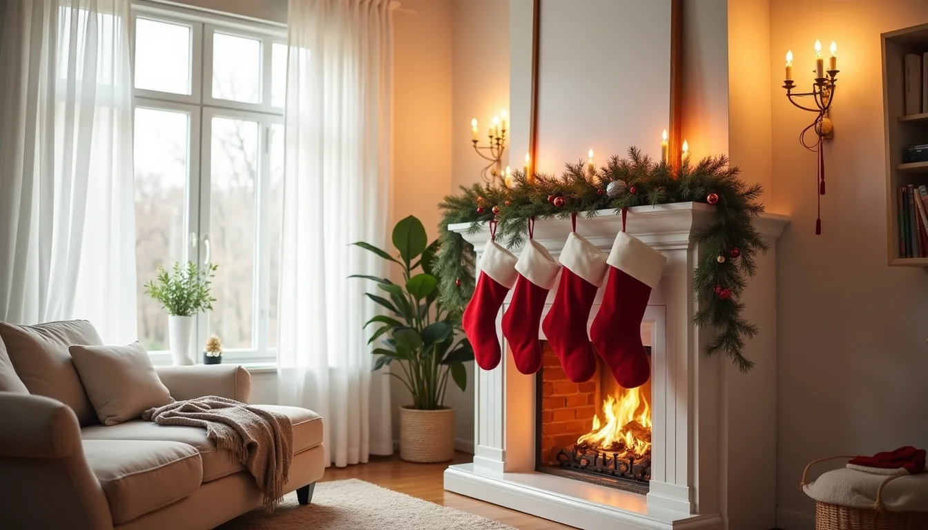 A fireplace mantel decorated with red stockings, garland, and candlesticks, with a sofa in the foreground under warm