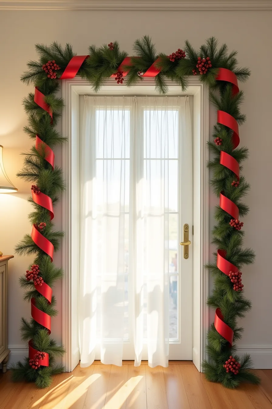 A white doorway frame is wrapped with thick garland and red ribbon spiraling from top to bottom.