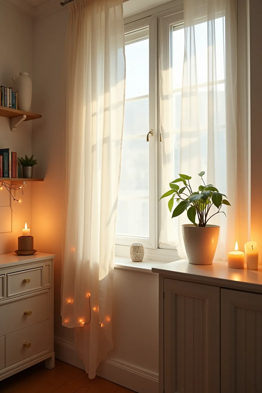 Multiple warm light sources including string lights, uplighting, and candles create layered depth throughout a dimly lit